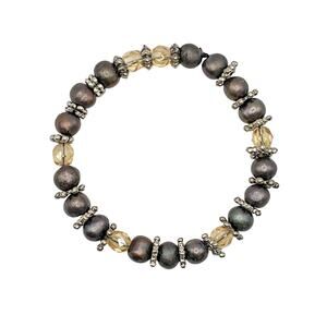 Freshwater Deep Plum Pearls Glass & Sterling Silver Beads Stretch Bracelet